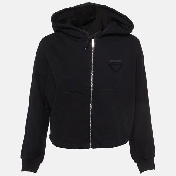 Prada | Sweaters | Prada Black Cotton Knit Zipup Crop Hooded